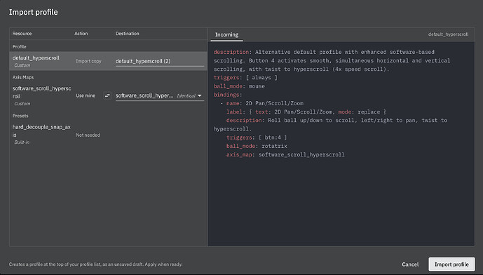 Import profile dialog